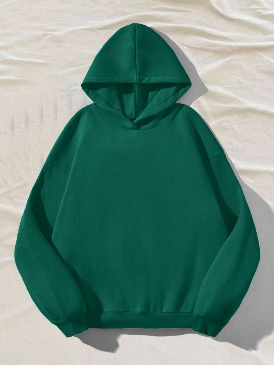 SHEIN EZwear Casual Minimalist Green Hooded Loose Fit Thick Sweatshirt For Women, Autumn/Winter - Dark Green - View 1