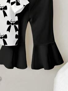 SHEIN Playful Pals 1 Set Baby Girls' Casual Fashion Cute Bow Print Round Neck Short Sleeve T-Shirt And Flare Pants Outfit, Black - Multicolor - View 3