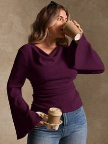 Elegantrix Plus Size Women Loose Collar Flare Sleeve Gathered Waist Ruched Chiffon Knit Casual Top, Autumn/Winter - Burgundy - View 5