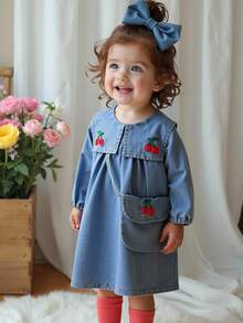 Vintaside Kids 女婴春秋刺绣翻领长袖时尚休闲水洗牛仔连衣裙，适合温和天气，实用时尚的设计，适合凉爽月份的日常穿着 - 藍色 - 查看 8