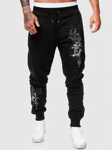 ROMWE MEN Street Life Men's Drawstring Casual Loose Fit Cross Pattern Sweatpants - Black - View 1