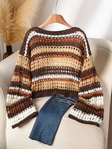 CosyJoli Áo len cổ thuyền khoét lỗ màu xanh và trắng, tay dài, dáng rộng, thường ngày, cỡ lớn - màu nâu - Xem 2