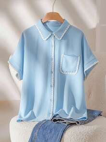 CosyJoli 大码女式休闲宽松短袖撞色滚边衬衫，浅蓝色衬衫，浅蓝色女式衬衫，短袖女式衬衫，夏季休闲度假春季女式衬衫，浅蓝色衬衫，翻领衬衫 - 藍色 - 查看 6