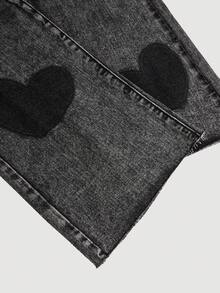 Tween Girl Y2K Fashion Heart Black Flare Jeans, Elastic Waist Design, Soft Denim Fabric, Black Wash, Suitable For City Walk, Fashion Girls Daily, Casual, Travel, Party, New Arrival - Black - View 4