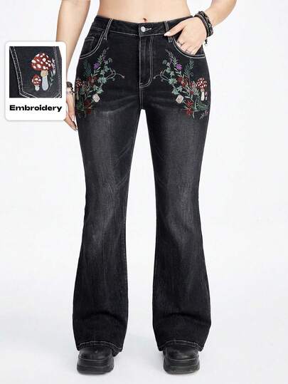 Plus Size Women Fairycore Mushroom, Plant & Flower Embroidered Denim Jeans, Autumn/Winter Plus Size Ladies Jeans