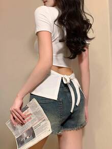 DAZY 女士休闲短款系带圆领T恤，春夏款 - 白色 - 查看 3