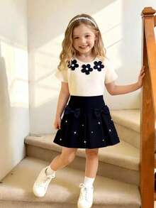 两件套：韩版时尚女童黑色钻石花朵短袖T恤+蝴蝶结珍珠百褶裙，休闲、度假、夏季时尚穿搭 - 杏色 - 查看 4
