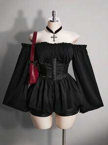 SHEIN ICON 女士黑色褶皱提花腰带拼接荷叶边露肩喇叭袖波浪下摆A字雪纺衬衫，适合派对和休闲穿着 - 黑色 - 查看 1