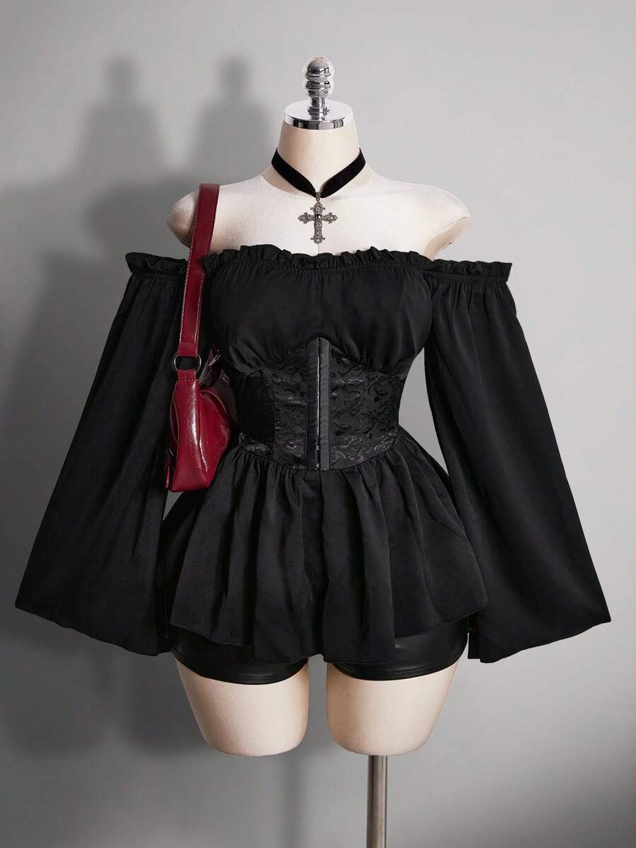 SHEIN ICON 女士黑色褶皱提花腰带拼接荷叶边露肩喇叭袖波浪下摆A字雪纺衬衫，适合派对和休闲穿着 - 黑色 - 查看 1