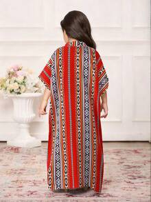 Bohemian Style Geometric Print Shawl & Dress Set, Comfortable Casual Holiday/Festival Outfit For Young Girls Kids Arabic Dress - Black - View 2