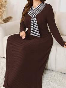 Lacomfia Women's Brushed Plaid V-Neck Long Sleeve Comfortable Casual Dress, Suitable For Home, Leisure And Outings, Simple And Elegant - Brown - View 1