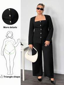 Truni Áo khoác Blazer cổ vuông tay dài cỡ lớn dành cho nữ, thắt eo, đính nút kim loại, phù hợp cho mùa thu/đông - màu đen - Xem 1