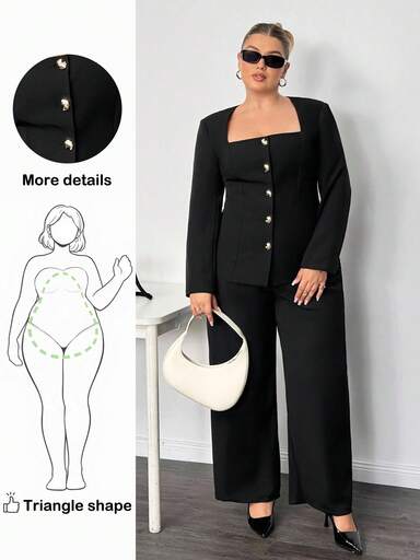 Truni Blazer-Jacke für Damen in Große Größen mit quadratischem Ausschnitt und Langarm, taillierter Schnitt mit Metallknopfdetails, geeignet für Herbst/Winter