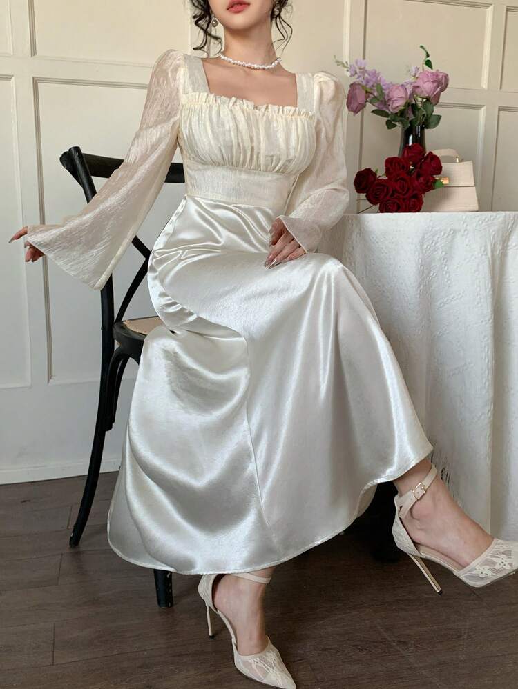 Women's Elegant Frill Trim Square Neck Dress Wedding Guest Dress Maxi Dress Sundress