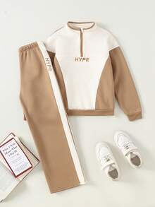 SHEIN Vacaura 2pcs/Set Toddler Boys'Textured Patchwork Contrast Color Sweatshirt And Pants Set,White,Autumn,Streetwear,School,Back-To-School Fleece Outfit Jacket - Khaki - View 3