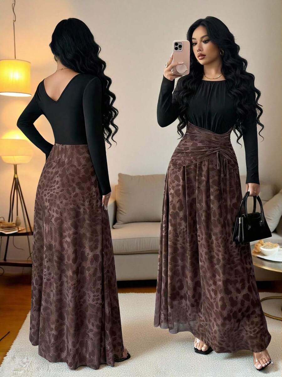 Rafferiza Đầm dài tay họa tiết da báo cổ tròn phối màu thanh lịch, eo thắt eo, lưới nhún bèo, viền xòe - Cà phê nâu - Xem 1