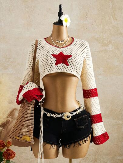 Bellisia Suéter retro de mujer con bloques de color y rayas con estrellas