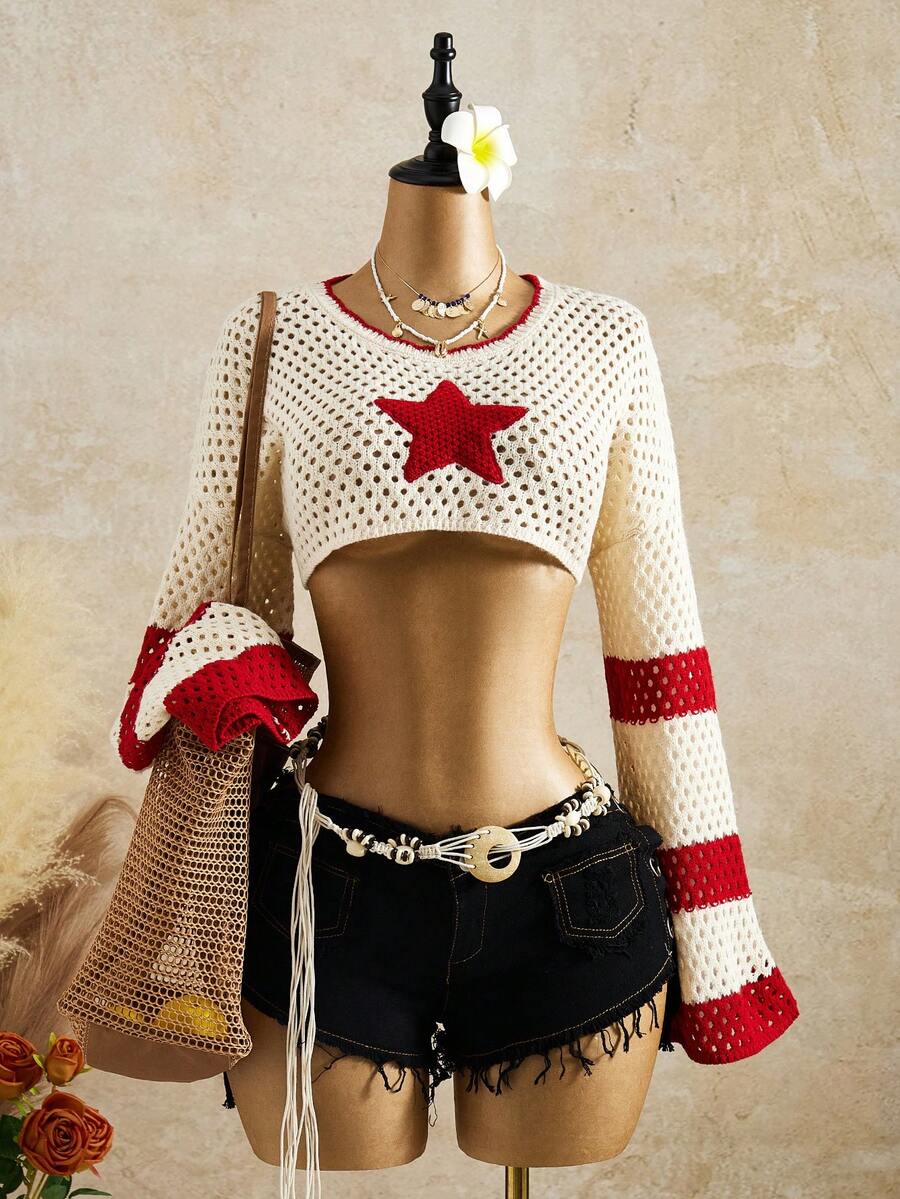 Bellisia Suéter retro de mujer con bloques de color y rayas con estrellas - Multicolor - Ver 1