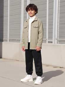 SHEIN Vacaura Tween Boy Casual 2 Pieces Set - Shacket And Pants, Suitable For Spring, Autumn And Winter - Army Green - View 3