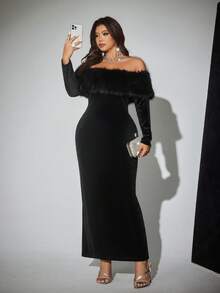 Viva Relle 大码女士天鹅绒领长款晚礼服，适合派对和宴会场合 - 黑色 - 查看 3