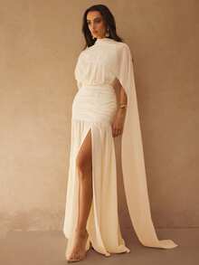 Silquee 象牙白露背雪纺透视褶皱裹身长裙，无袖露背连衣裙，优雅派对/日常/约会连衣裙，正式礼服，伴娘礼服，度假连衣裙，浪漫约会装，春夏款 - 淡黃色 - 查看 5