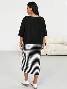 Shapeblank Plus Size Striped Print Fitted Sleeveless Dress And Asymmetric Collar Loose Black Top 2 Pieces Set - Black and White - View 2