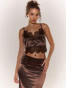 MUSERA Satin Lace Trim Adjustable Strap Crop Top Autumn Flowy Fall Winter  Going Out Casual Cute Sexy Night Out Party Cool Valentines Spring