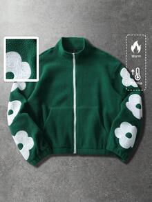 ROMWE MEN Unisex Floral Embroidered Thermal Lined Jacket, Autumn/Winter - Green - View 1