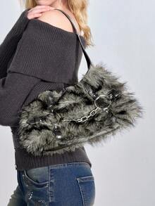 ROMWE Grunge Punk Y2K Faux Fur Shoulder Bag With Chain Detail, Punk Gothic Fluffy Hobo Bag, Street Style Handbag - Black and White - View 8