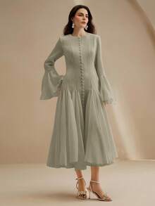 Anewsta 优雅乳白色长袖喇叭连衣裙，带纽扣喇叭袖 - 淡綠 - 查看 3