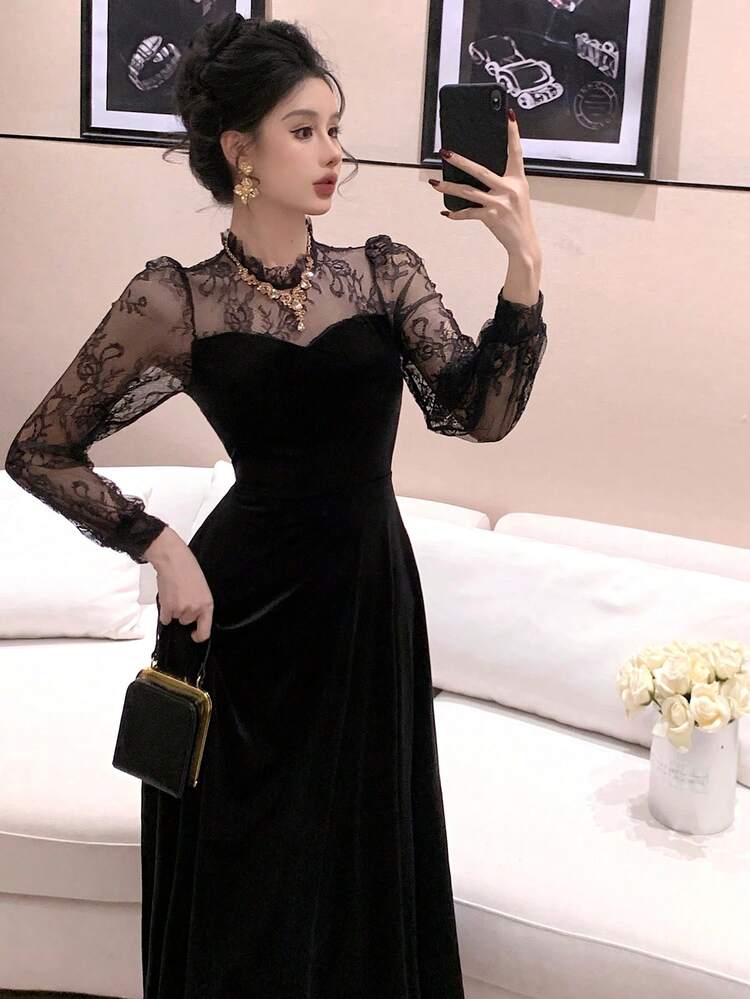 Women's Elegant Party Lace Patchwork Dress Maxi Dress