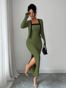 SHEIN Elenzya Bộ 2 chiếc áo khoác cardigan dài tay phối màu thanh lịch dành cho nữ và váy liền thân, thích hợp cho tiệc tùng, họp mặt gia đình, Giáng sinh, Halloween, ngày lễ tình nhân, năm mới, đi làm và mặc thường ngày, mùa thu/đông - xanh quân đội - Xem 4