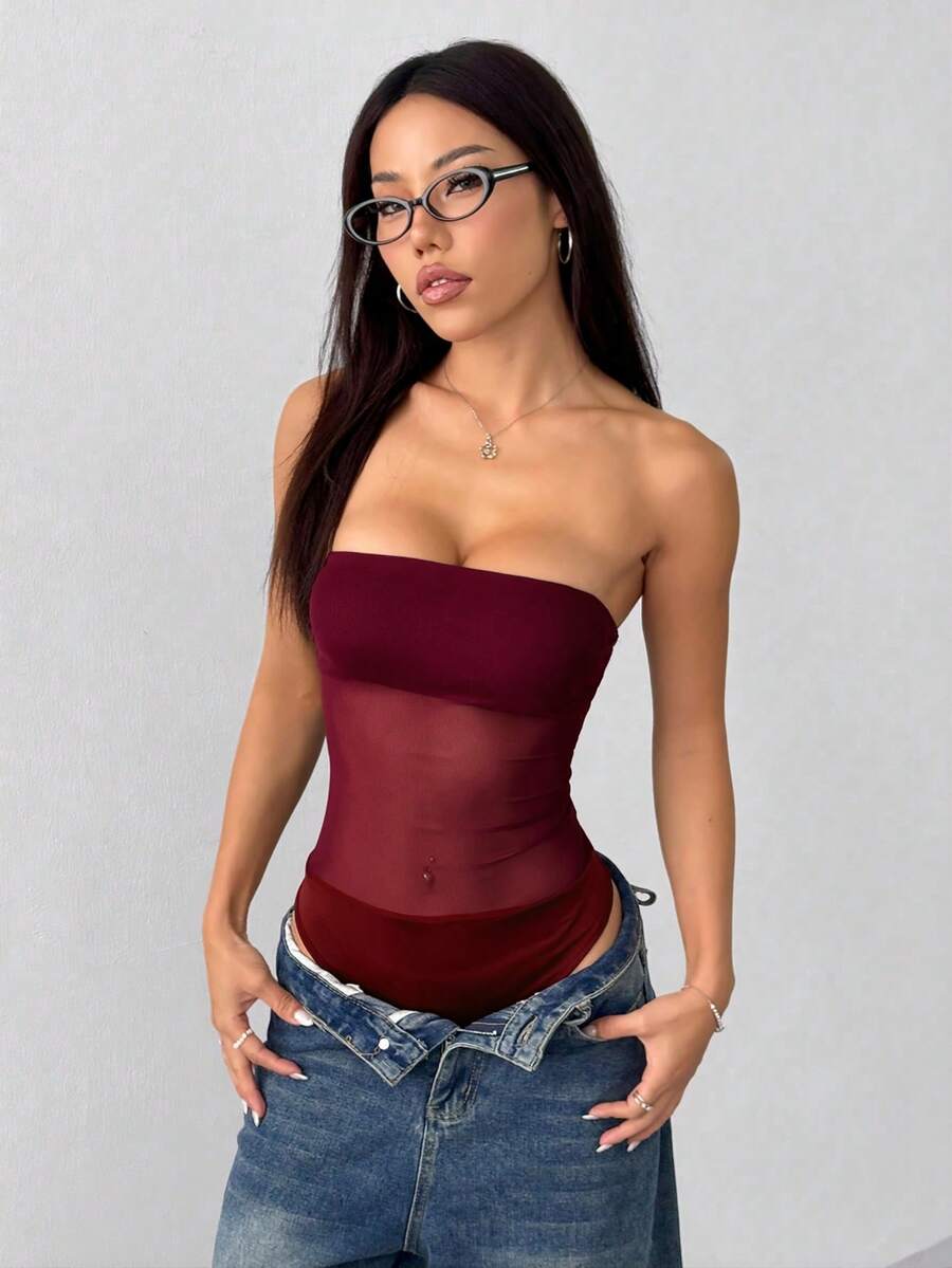 SHEIN EZwear 女士酒红色网纱拼接无袖连体衣，性感修身款