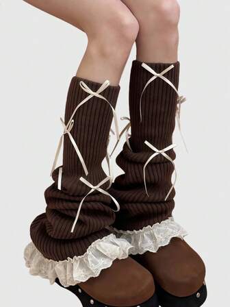 Kawaii 1 Paio di scaldamuscoli alti fino al ginocchio con design in pizzo e fiocco in stile retrò Y2K, scaldamuscoli minimalisti e alla moda in stile Lolita dolce, adatti per uso quotidiano, scuola, appuntamenti, shopping e altre occasioni