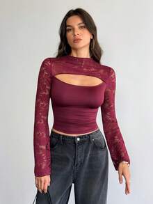 SHEIN Tall Women's Sexy And Elegant Fall Clothes For Women Wine Red Lace Patchwork Slim Fit Hollow Out Long Sleeve Women T-Shirt,Fall Outfits Women,Homecoming Top Women,Burgundy Tops - Burgundy - View 10