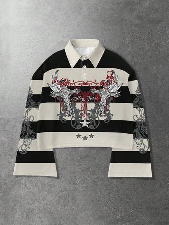 Chemise polo décontractée à manches longues avec imprimé croix et lettres rayées pour hommes