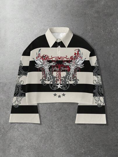 Herren Lässig Polo Shirt mit Kreuz- und Buchstabe Muster in Streifenoptik, Langarm