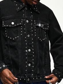 ROMWE MEN Men's Turndown Collar Single-Breasted Rivet Decor Fashion Versatile Denim Jacket - Black - View 2