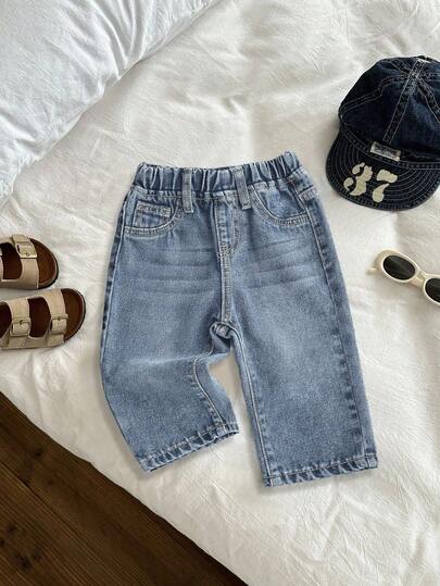 SHEIN LMoss Kids Pantalones sueltos de mezclilla azul vintage para niños pequeños