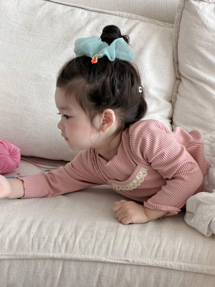 Baby Girls 2 In 1 Solid Color Lace Patchwork Cute Sweet Long Sleeve Top Toddler Girls Clothes