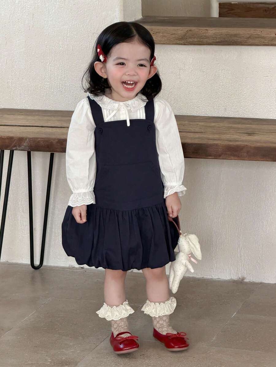 DAZY 女童纯色韩版叠层百搭连衣裙 - 藍色 - 查看 1