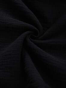 SHEIN CURVE+ 大码女式休闲日常通勤简约百搭100%纯棉纯色纹理面料抽绳腰宽松阔腿裤 - 黑色 - 查看 8
