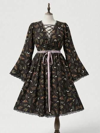 Goth Gotischer dunkel Dorn Hexe Pflanze Schmetterling Mond Muster Schnürkleid, elegantes Vintage Kleid in Große Größen für Frauen