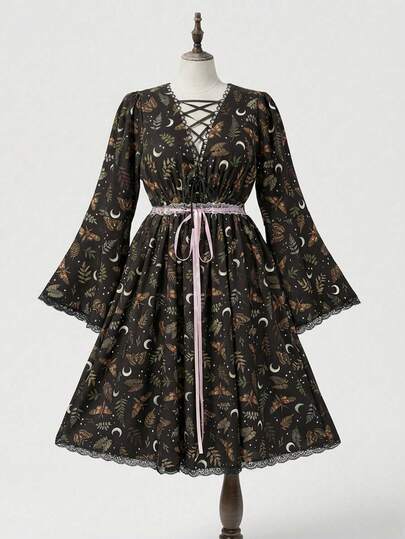 ROMWE EDITION Vestido largo con cordones con estampado de planta de espinas oscuras, bruja, mariposa y luna, elegante y vintage para mujeres de talla grande