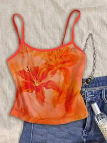 Attitoon 3 件套性感可爱樱桃、橙色、芙蓉花卉印花细肩带吊带背心上衣，女士海滩度假风格，适合夏季