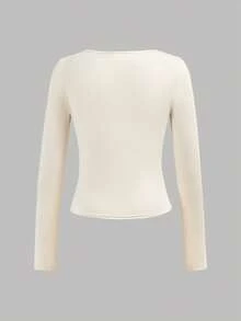 Girlism 4 piezas Camisetas de manga larga de cuello redondo de punto ajustado de un solo color para niñas preadolescentes, versátiles camisetas interiores para otoño/invierno - Caqui - Ver 9