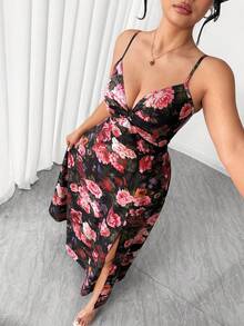 Elenzga Váy hai dây xẻ tà họa tiết hoa mới dành cho nữ cỡ lớn, phù hợp cho kỳ nghỉ và hẹn hò - Nhiều màu - Xem 2