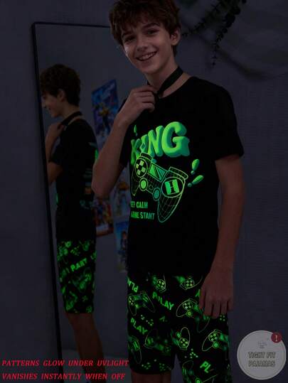 1 Set Boy Teen Pajama, Black Short Sleeve Luminous Game Controller Graphic Tee And Matching Luminous Shorts, Comfortable Stretchy Fabric, Gamer Style For Teen Boys