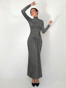Aloruh Women's Fashionable High Neck Fitted Dress For Commuting - Dark Grey - View 3