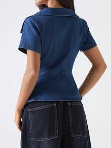 LYSMO Women's Fashion Front Button Fitted Denim Blouse - Navy Blue - View 2